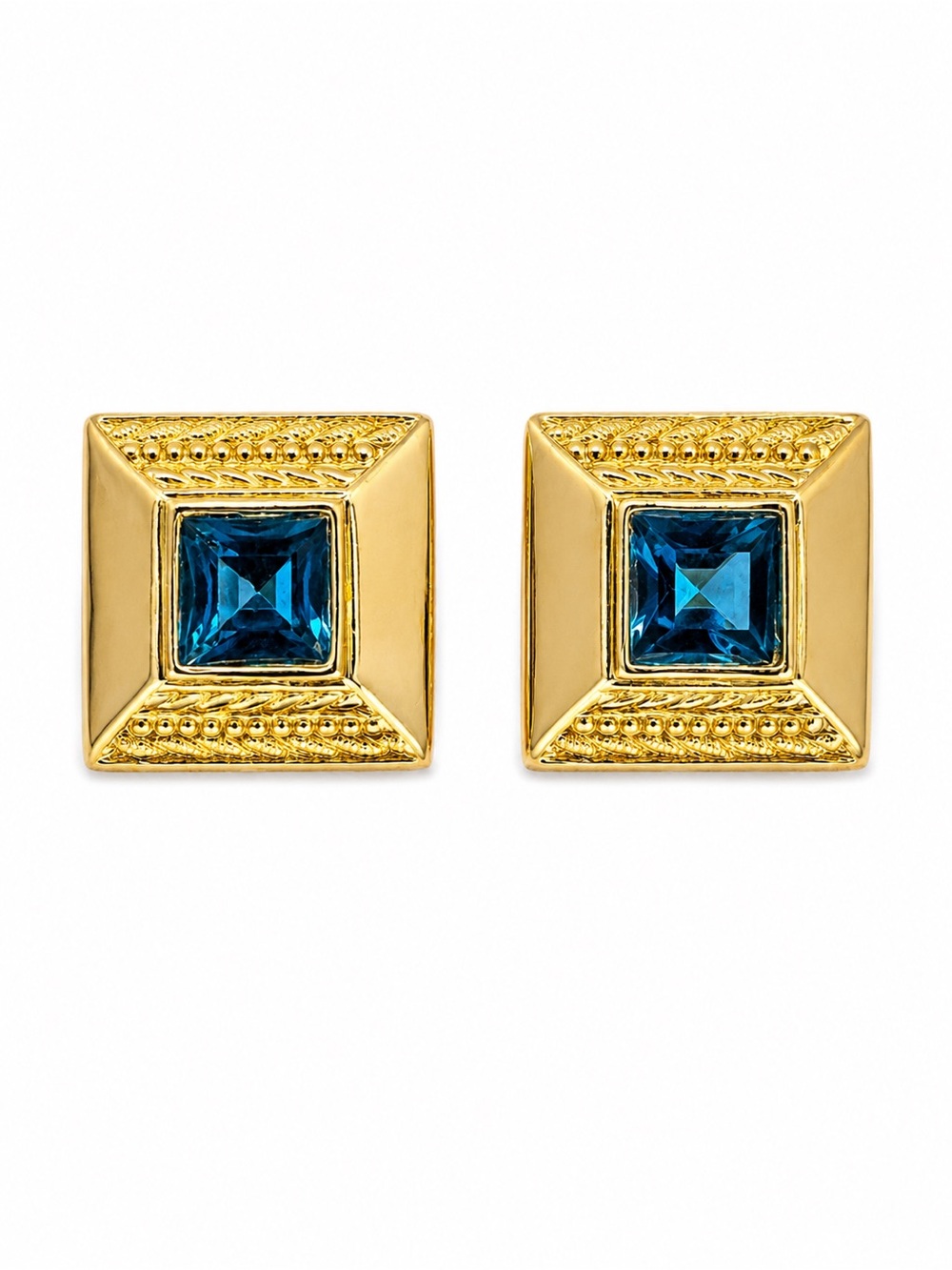 Vintage Gold Tone Blue Cabochon Statement Earrings‎ Heavy Weight Square Studs